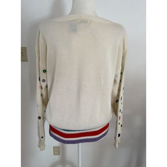 Vintage 1980's Sequin Sweater with Rainbow Stripe Waistband, Long Sleeve Pullove - Picture 4 of 8